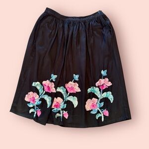 Vtg 80s Thumbs Up Black Colorful Sequin Flowers Midi Skirt Sz L Pleats Pockets